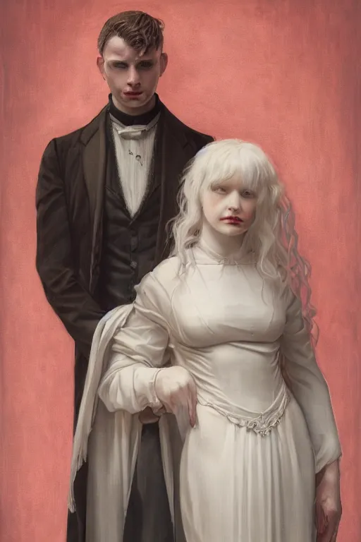 Prompt: a portrait of handsome young male albino Satan and his elegant beautiful albino wife, bored, illustration, dramatic lighting, soft details, painting oil on canvas, art nouveau, octane render, HDR, 4k, 8k, HD, by Edmund Blair Leighton, Brom, Charlie Bowater, trending on artstation, faces by Tom Bagshaw, Sargent