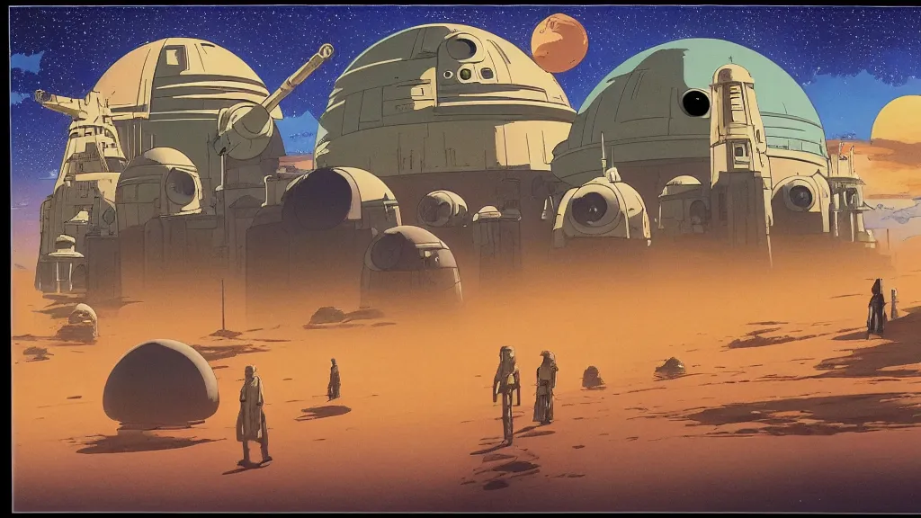 Image similar to tatooine landscape Star Wars a new hope 1977 studio ghibli highly detailed 70mm