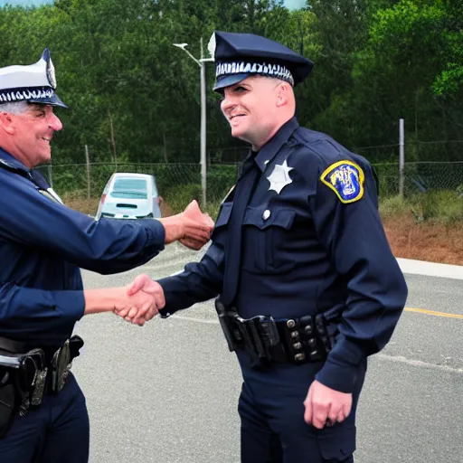 Image similar to A police officer shaking hands with a sheriff, photorealistic