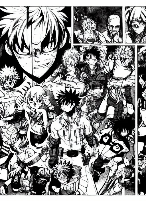 Image similar to My Hero Academia manga page showing the end of the series, dark colors, sinister atmosphere, dramatic lighting, cinematic, establishing shot, extremely high detail, photo realistic, cinematic lighting, pen and ink, intricate line drawings, by Kohei Horikoshi, post processed, concept art, artstation, matte painting