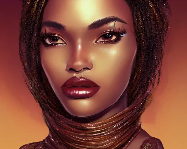 Image similar to A beautiful black skinned woman wearing a scarf with large lips and smooth eyebrows and curly hair, complimentary eyeliner, light blush and metallic eyeshadow, HD, illustration, epic, fantasy, intricate, elegant, amazing detail, digital painting, artstation, concept art, smooth, sharp focus, illustration, art by Turine Tran