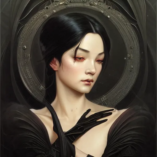 Image similar to Portrait of an divine muse with matte black hair as 2B, asian, D&D, fantasy, intricate, elegant, highly detailed, digital painting, artstation, dark art, concept art, matte, sharp focus, illustration, art by Artgerm and Greg Rutkowski and Alphonse Mucha