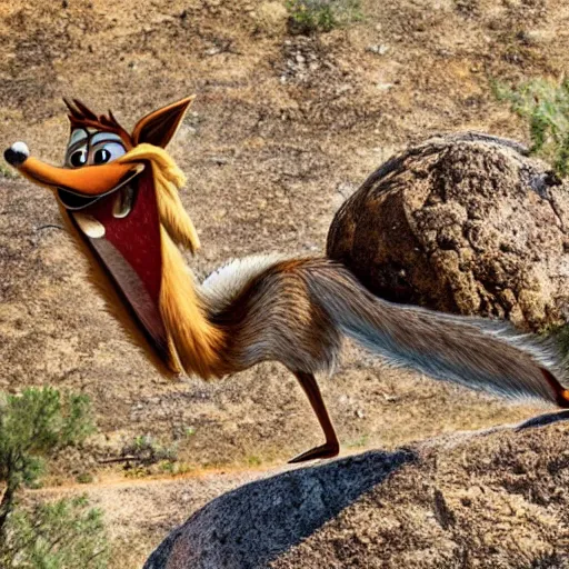 Image similar to wile e coyote eating a road runner steak on a falling boulder