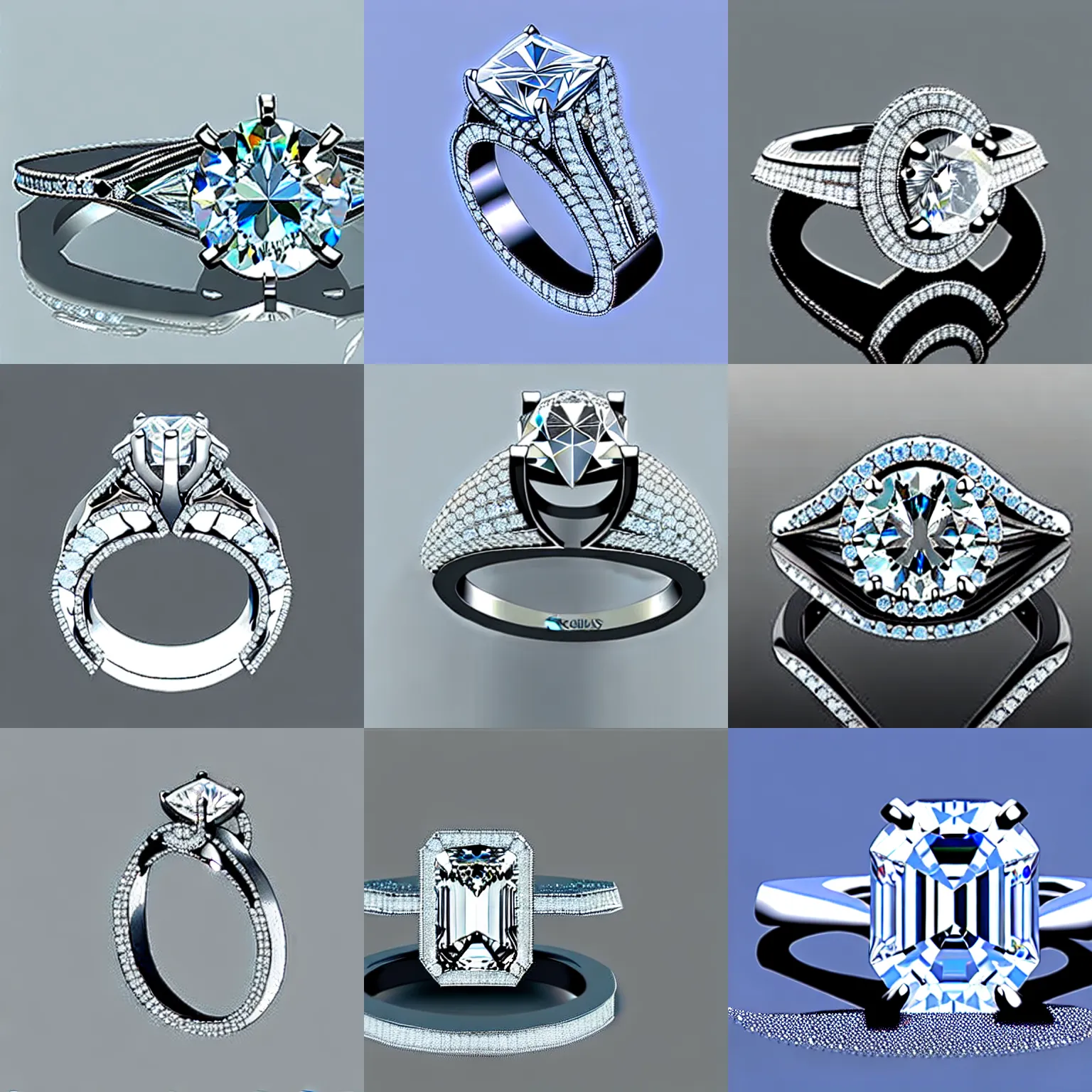 Prompt: engagement ring with two smaller diamonds outside and one bigger diamond in the middle, very detailed, concept art, high fashion