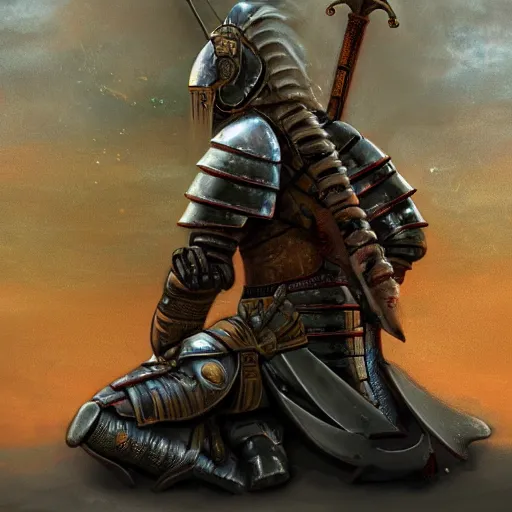 Image similar to a divine warrior wearing heavy armor praying at an altar, artstation hall of fame gallery, editors choice, #1 digital painting of all time, most beautiful image ever created, emotionally evocative, greatest art ever made, lifetime achievement magnum opus masterpiece, the most amazing breathtaking image with the deepest message ever painted, a thing of beauty beyond imagination or words