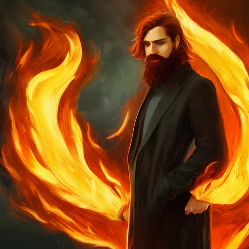 Prompt: grumpy young brown - red haired man with beard, wearing black coat, fire behind him, fire, oil painting, fantasy artwork, fantastic artwork, 4 k, trending on artstation