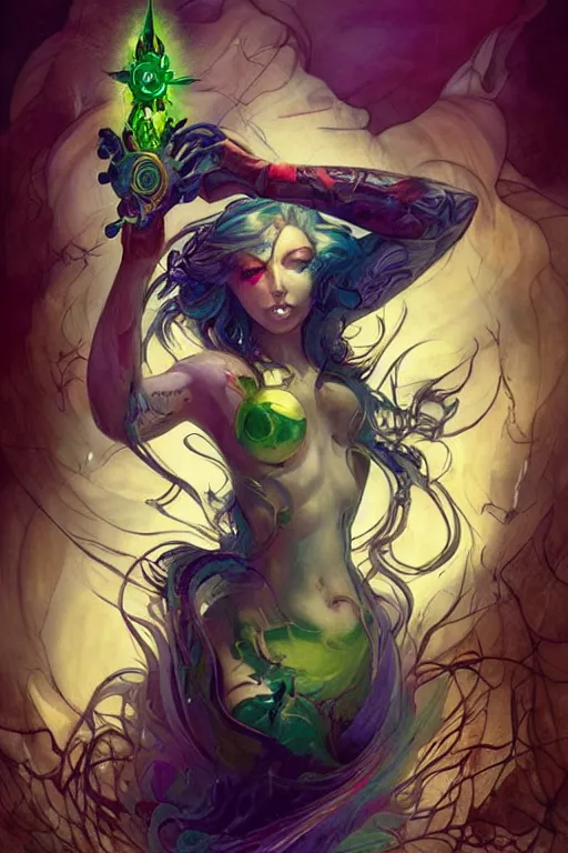 Prompt: upper body portrait shot of green hair tattooed pinup hannah murray hold the stained glass ego sword, model pose, bright color, sun shining through, sharp focus, highly detailed face, specular reflection, art by anato finnstark and lecouffe deharme and pete mohrbacher and quentin mabille and frank moth, fantasy illustrations, epic light novel cover art