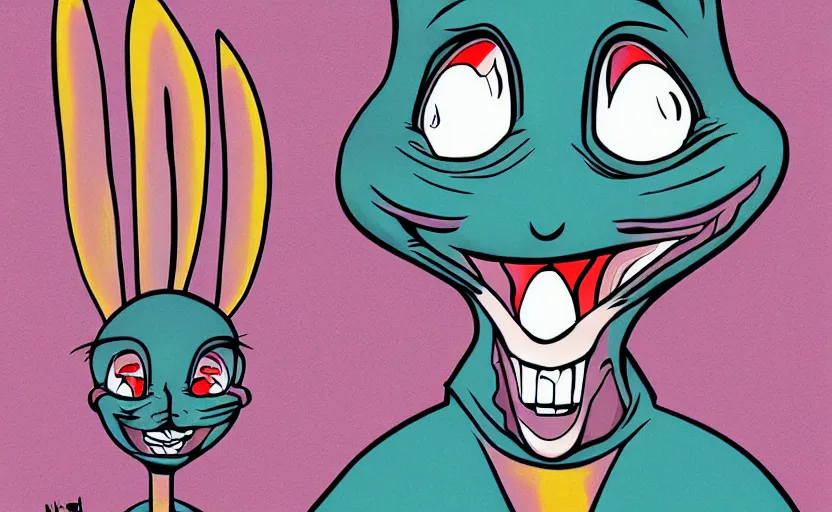Prompt: Evil Bugs Bunny, Bad Acid Trip, Nightmare fuel, deceptive, conniving, malevolent, wicked, uncomfortable crooked smile, wide eyed, stiff necked, by Salvador Dhali