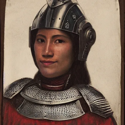 Prompt: head and shoulders portrait of a female knight, quechua!, lorica segmentata, cuirass, tonalist, symbolist, realistic, ambrotype, baroque, detailed, modeled lighting, vignetting, indigo and venetian red, angular, smiling, armadillo