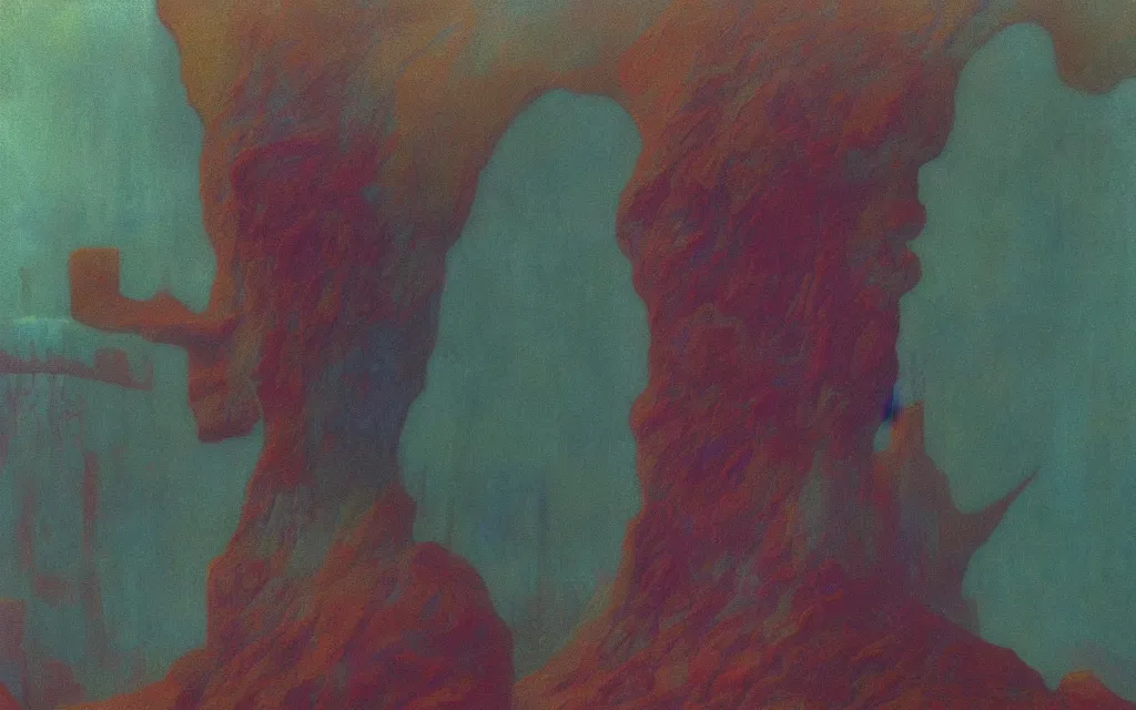 Image similar to colorized movie still from metropolis, oil painting by zdzisław beksinski, iridescent color palette chromatic aberration