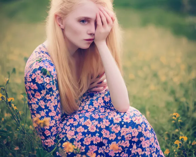 Image similar to pale beautiful young woman with bright blonde hair, freckles, blue eyes and a wide face, flowery dress, using a dslr camera, dramatic, art by anna nikonova