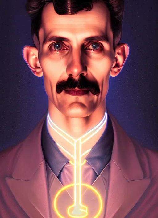 Image similar to symmetry!! portrait of nikola tesla male, chemisty, sci - fi, glowing lights!! intricate, elegant, highly detailed, digital painting, artstation, concept art, smooth, sharp focus, illustration, art by artgerm and greg rutkowski and alphonse mucha, 8 k