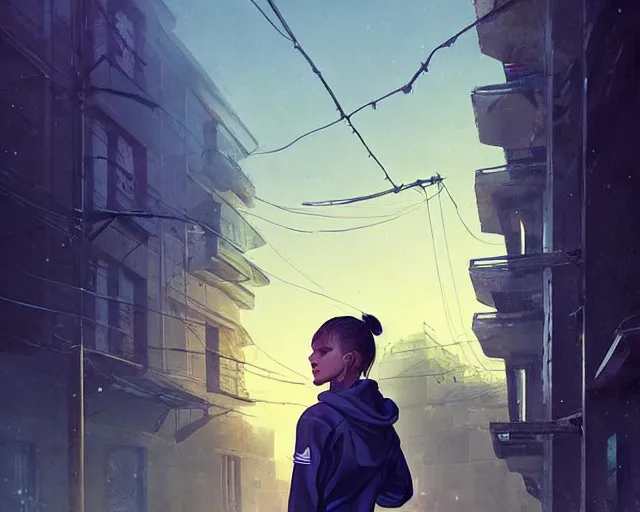 Image similar to portrait of attractive slav heroine wearing an addidas tracksuit. illuminated street lights, slav apartments in backround, by greg rutkowski and wlop, detailed, cinematic, 8 k, intricate, rule of thirds.