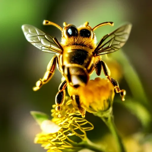 Prompt: photo of a golden steampunk intricate bee on a flower, bokeh