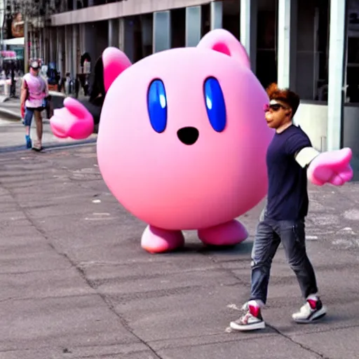 Prompt: photo of a humanoid kirby from nintendo in casual clothes, humanoid pink kirby walking, kirby walking down the street in casual clothes, literally humanoid kirby walking on the sidewalk