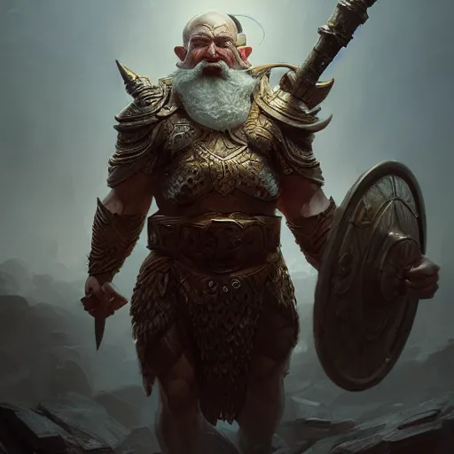 Image similar to hyperrealistic mixed media image of a dwarfish god of warfare, stunning 3 d render inspired art by greg rutkowski and xiang duan and thomas eakes, realistic, highly detailed attributes and atmosphere, dim volumetric cinematic lighting, 8 k octane detailed render, post - processing, masterpiece,