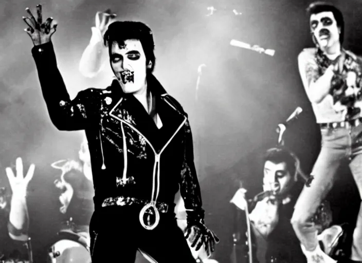 Image similar to Creepy found footage of zombie Elvis performing on stage in an empty stadium