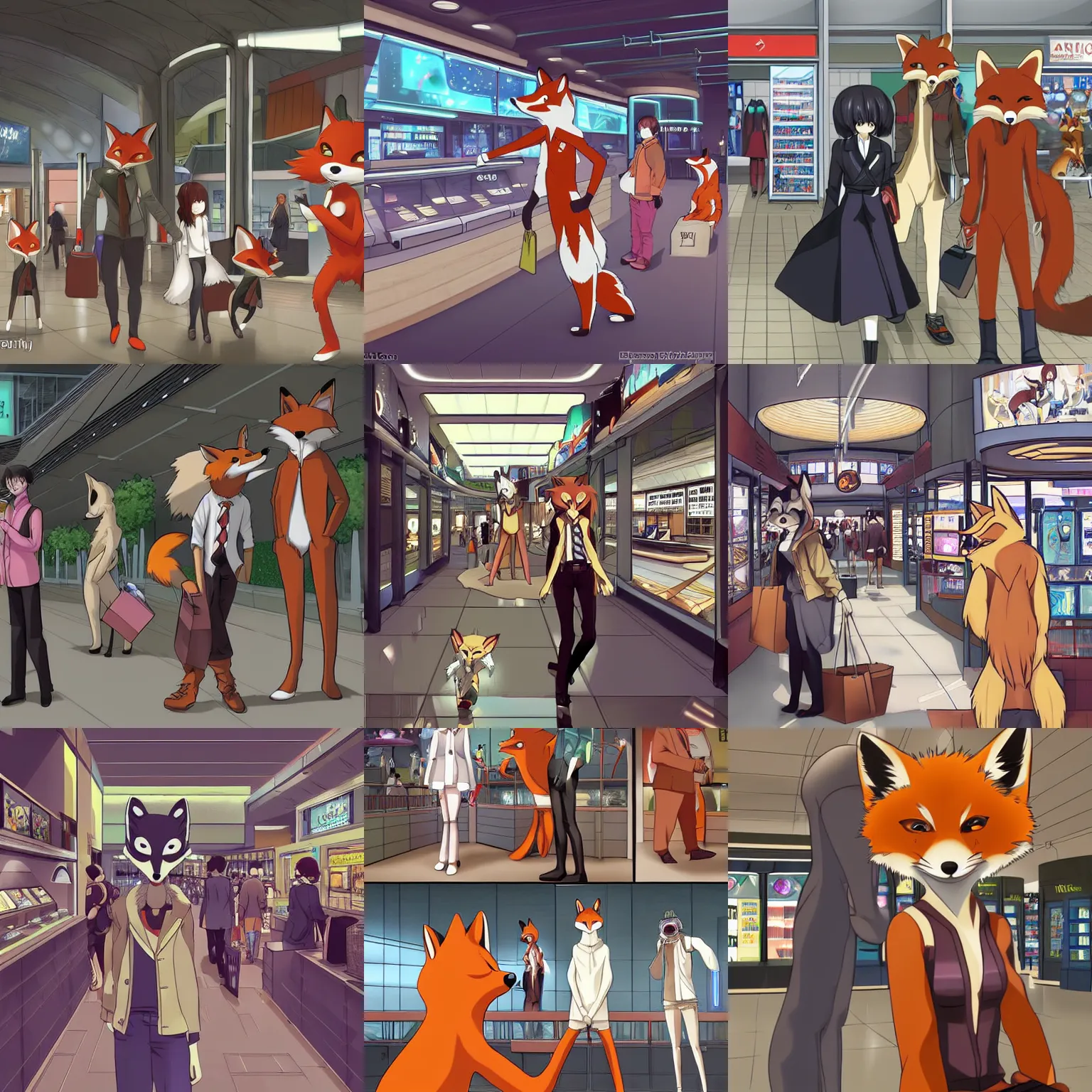 Prompt: an anthropomorphic furry fox shopping at a futuristic mall, photorealistic, anime, makoto!! shinkai!!, james gurney, don!!! bluth!!!, hibbary, dark natasha, goldenwolf, furaffinity