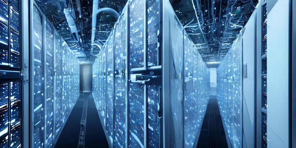 Image similar to futuristic robot in data center server room shot from michael bay movie