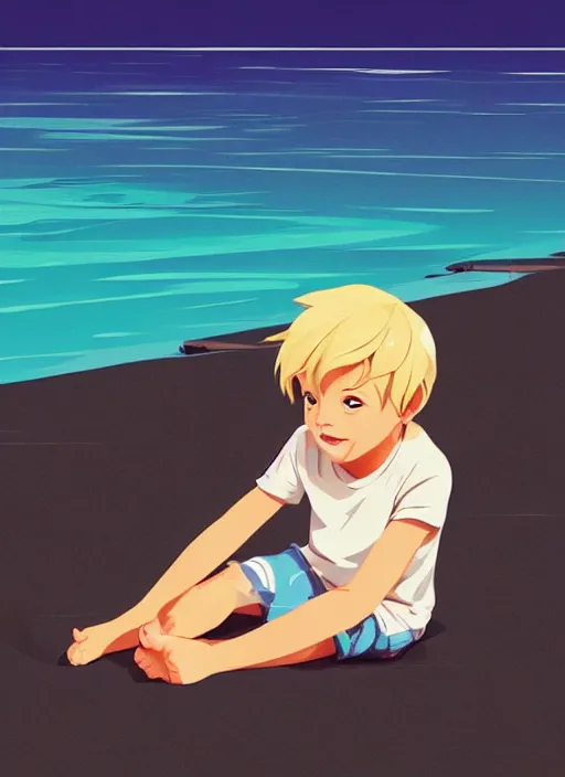 Image similar to a little boy with tousled blonde hair sitting on the beach. clean cel shaded vector art. shutterstock. behance hd by lois van baarle, artgerm, helen huang, by makoto shinkai and ilya kuvshinov, rossdraws, illustration, art by ilya kuvshinov