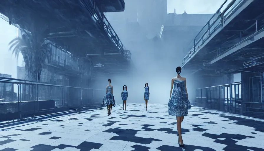 Image similar to Fashion Catwalk!! on a brutalist platform in an Angelic Floating City in the Clouds, Hyperrealistic, Intricate Details, Raytracing, Volumetric Lighting, Lightshafts, Blue and White Color Palette, Unreal Engine 5, Photorealism, Concept Art