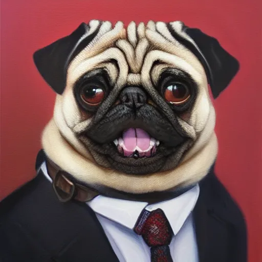 Prompt: oil painting, a developer pug in a suit, intricate, masterpiece, artstation, stunning, open mouth