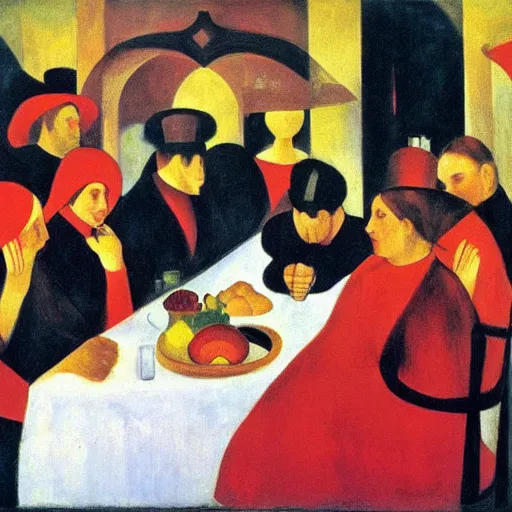 Prompt: by kathe kollwitz, by august macke awesome cardinal. a beautiful body art of a group of people gathered around a table in a tavern. they are all eating & drinking, & appear to be enjoying themselves.