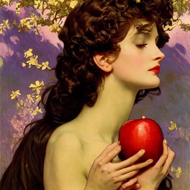 Prompt: an aesthetic! detailed close - up portrait of an aesthetic woman, face covered, holding an apple, by frank frazetta and alphonse mucha, oil on canvas, bright colors, art nouveau, epic composition, dungeons and dragons fantasy art, hd, god - rays, ray - tracing, crisp contour - lines, huhd - 8 k