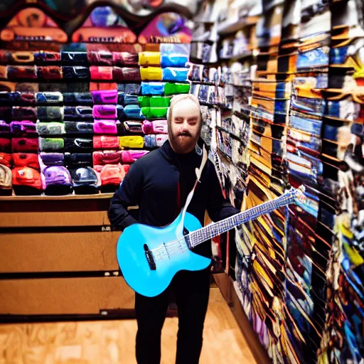 Image similar to a photograph of a man poorly cosplaying as a bear while holding a guitar, he is in a shoe store, he is standing in between long store isles, vivid color, 50mm