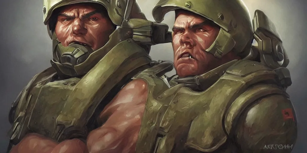 Prompt: doomguy as a soviet soldier, portrait, concept art, art by artgerm