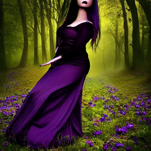 Prompt: photorealisticsoft paint of absurdities and mushrooms, very beautiful female curvy full gothic long dress, ultra deep fog, purple black lustrous thin haircut, symmetry accurate features, focus, very intricate ultrafine details, award winning masterpiece