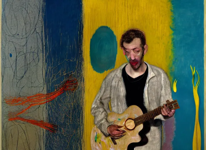 Image similar to portrait of nervous boy with in a room with an acoustic guitar standing next, wall paper field of lily's, vincent lafevre and francis bacon and pat steir and hilma af klint, psychological, photorealistic, dripping paint, washy brush, rendered in octane, altermodern, masterpiece