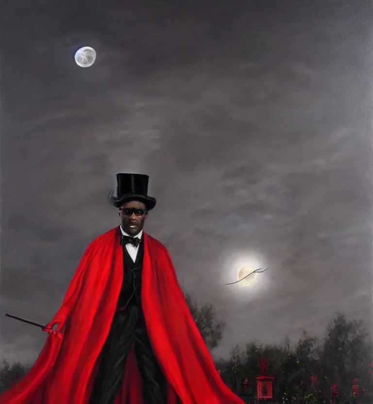 Image similar to a realistic oil painting of a black man in a cemetery at night wearing a top hat that hides his face and a black and red cape while holding a trident, digital art, realistic, detailed, moonlight.