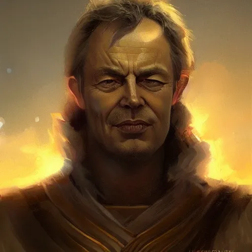 Prompt: a beautiful Norse Warrior based on Tony Blair with glowing aura by Greg Rutkowski and Raymond Swanland, Trending on Artstation, cloudy background, ultra realistic digital art