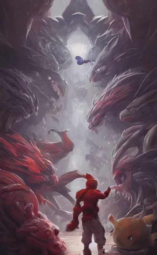 Prompt: portrait of pokemon battling in stadium, symmetrical face features, front game card, drark, marvel comics, dark, intricate, highly detailed, smooth, artstation, digital illustration by ruan jia and mandy jurgens and artgerm and wayne barlowe and greg rutkowski and zdislav beksinski