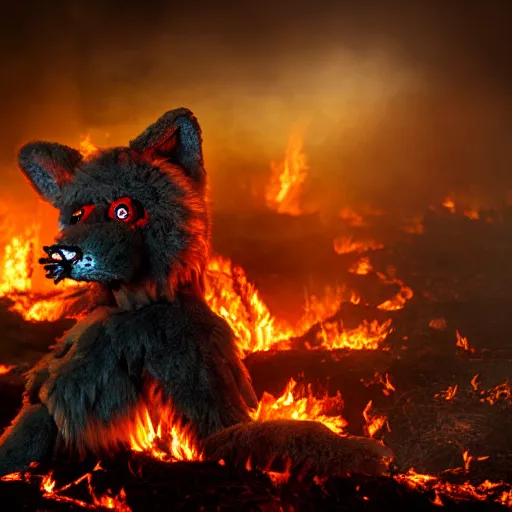 Image similar to the burning pits of hell and the tortured souls are dressed as furries, 4 k, hyper realistic, dslr, high resolution, landscape, beautiful