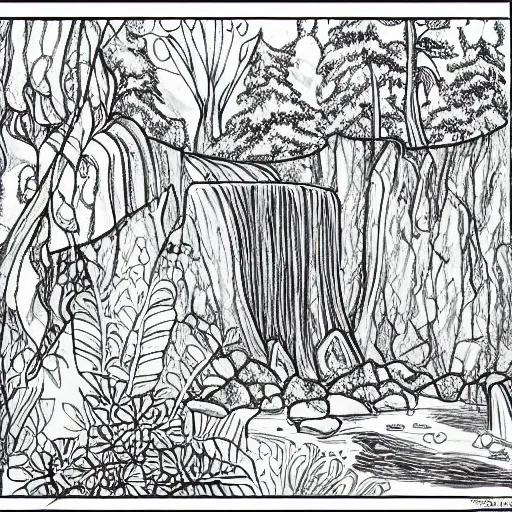 Image similar to an adult coloring page of a waterfall in the enchanted forest, light detail