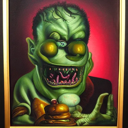 Image similar to Oil painting with black background by Christian Rex Van Minnen Robert Williams Todd Schorr of a portrait of an extremely bizarre disturbing mutated man with acne intense chiaroscuro lighting perfect composition