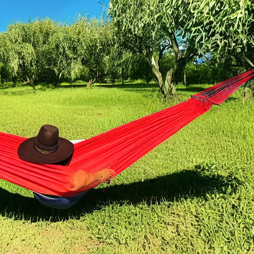 Image similar to Dutch from Red Dead Redemption 2 sleeping in a hammock, a field of mango trees in the background