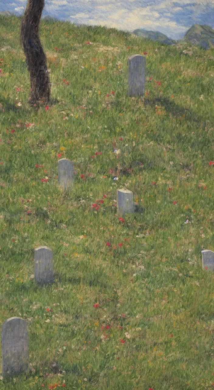 Image similar to highly detailed impressionist painting of sword marking grave on mountain top