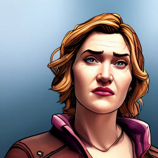 Image similar to kate winslet portrait, borderlands, tales from the borderlands, the wolf among us, comic, cinematic lighting, studio quality, 8 k