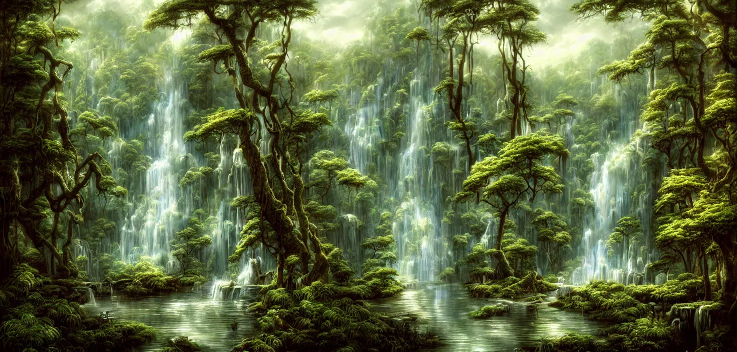 Image similar to a painting of a waterfall in a forest, a detailed matte painting by todd lockwood, deviantart, fantasy art, matte painting, matte drawing, airbrush art