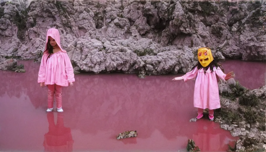 Image similar to 3 5 mm photography of kids wearing a codex seraphinianus costume in a pink lake h 1 1 0 0