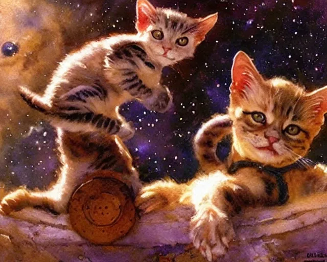 Image similar to cute space kittens, watercolor painting by gaston bussiere, craig mullins, j. c. leyendecker