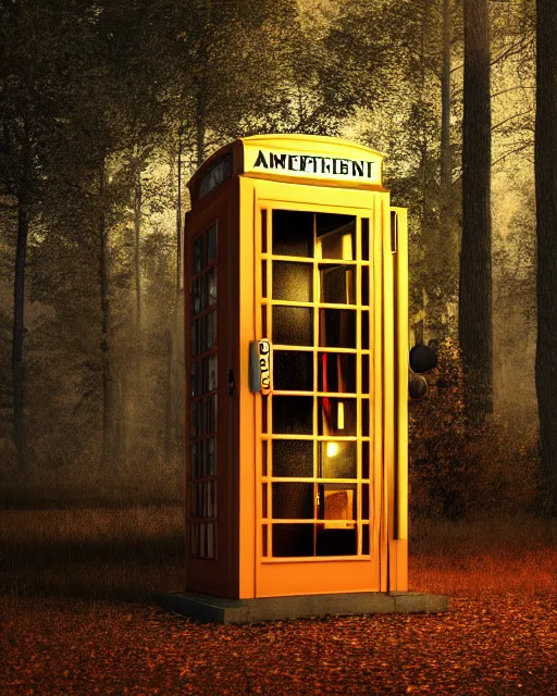 Image similar to american phone booth with antenna in the woods, hyper realism, cinematic, volumetric lighting, octane render, unreal engine, 8 k, concept art, digital art, deviantart artstation,