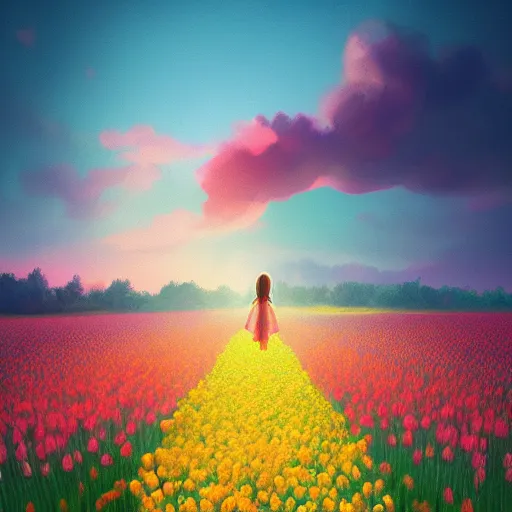 Image similar to tulip face, girl floating in a flower field, surreal photography, sunrise dramatic light, impressionist painting, colorful clouds, digital painting, artstation, simon stalenhag