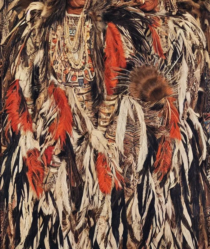 Prompt: full body shot picture of indigenous people, painted by lucian freud, intricate costume design, beautiful feathers, hd, super detailed, realistic, vivid, inspiring