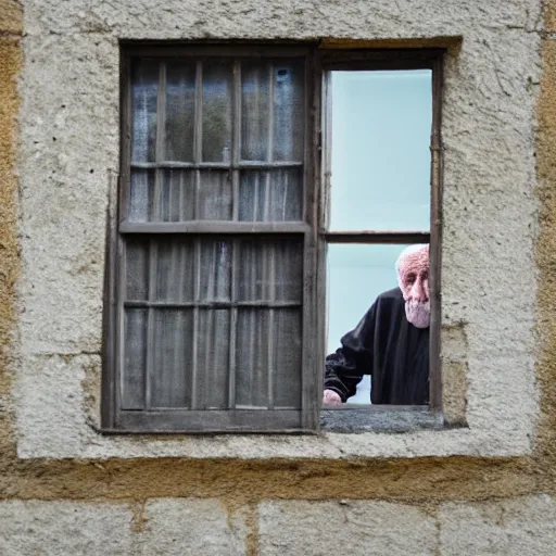 Image similar to a faceless old man seen through a window