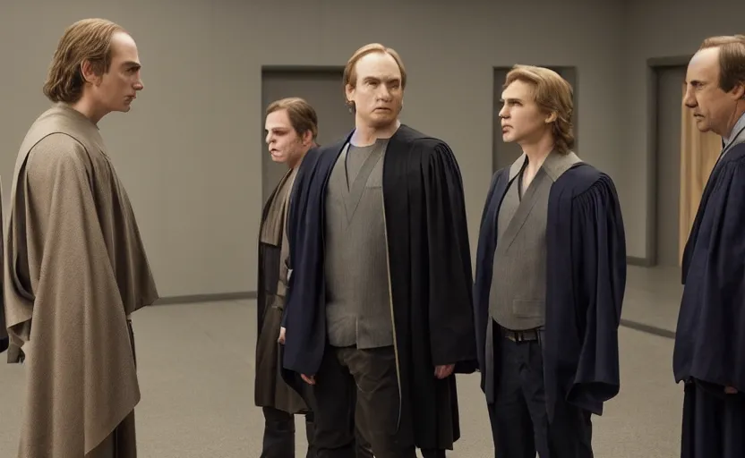 Image similar to anakin skywalker played by hayden christensen wearing jedi robes is talking to lawyers saul goodman played by bob odenkirk wearing a suit and kik wexler played by rhea seehorn in court, better call saul court scene 1 0 8 0 p, jimmy mcgill in court, court session images, realistic faces