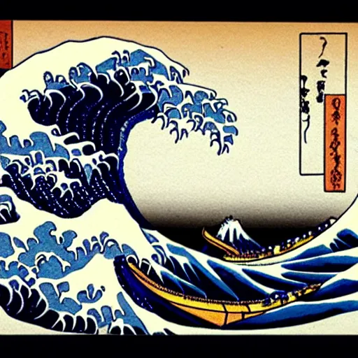 Image similar to whale about to swallow a swimming man, woodblock print, style of hokusai, fine art, style of the great wave off kanagawa, painting